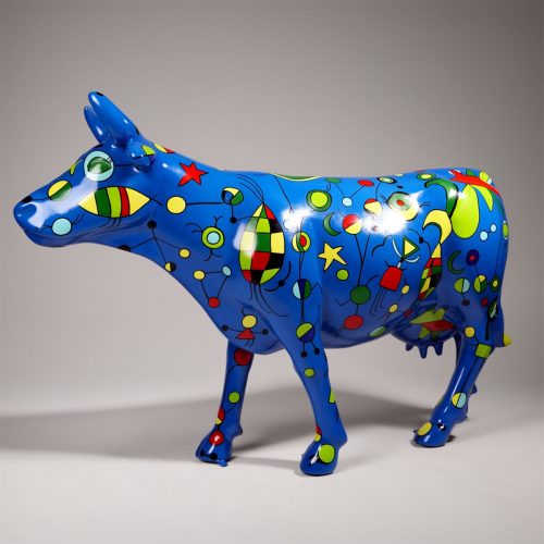 Grande Sculpture – Vache Bleue Peinte à la Main avec des Motifs Artistiques