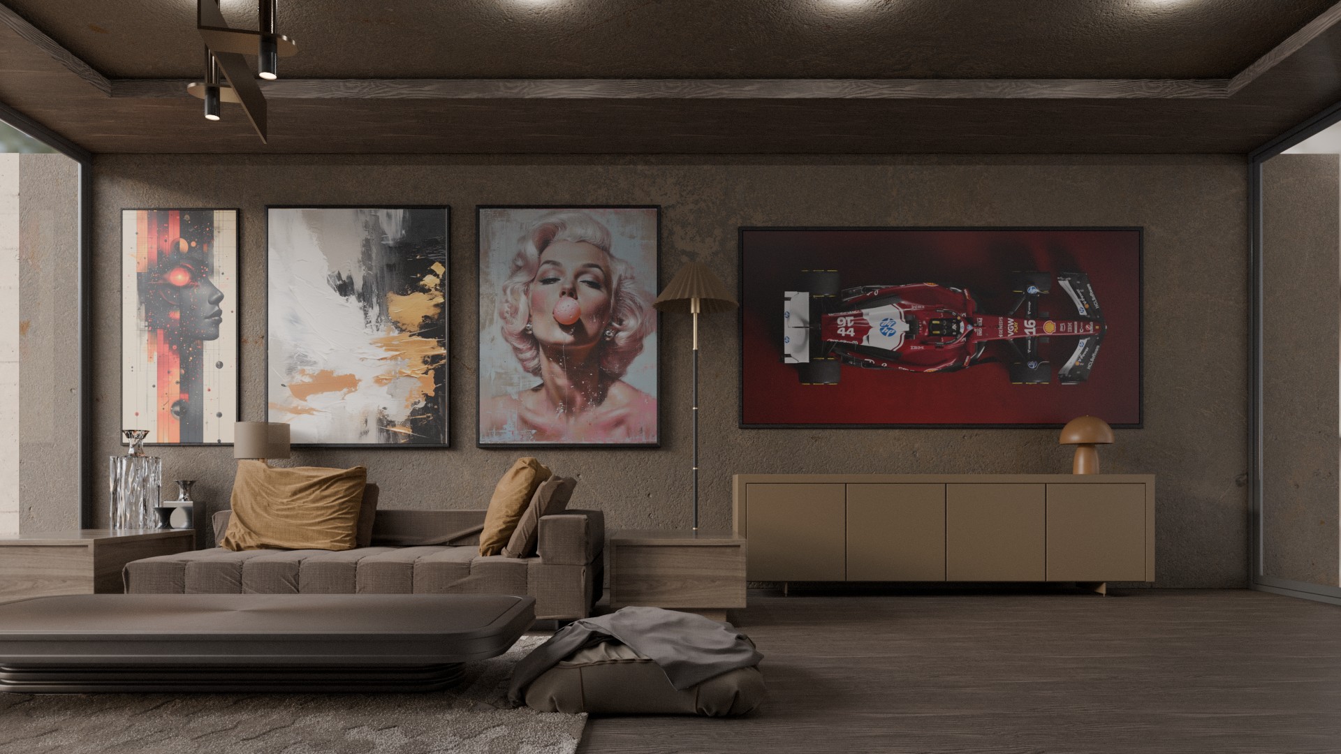 Une pièce avec des tableaux