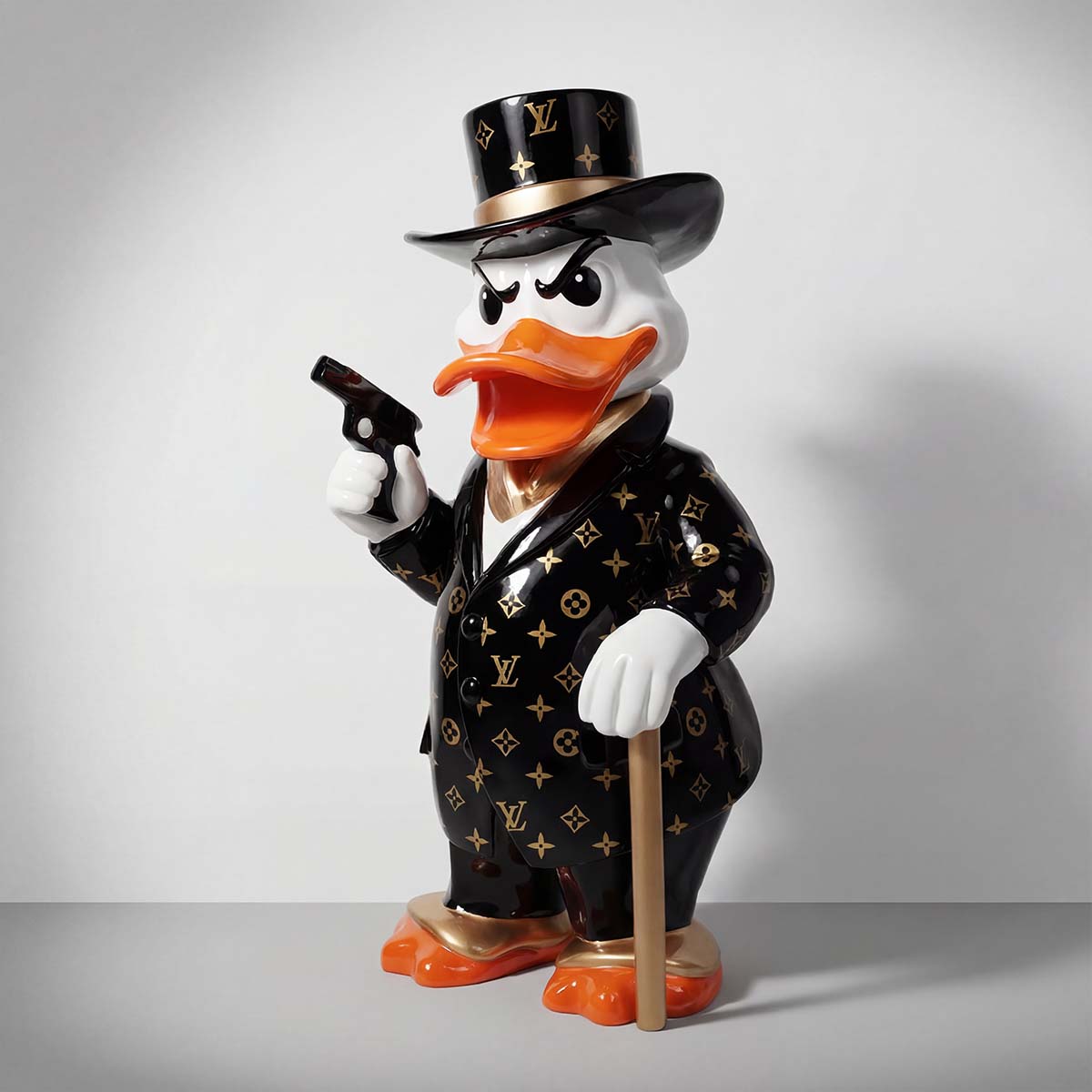 figure canard en fibre de verre habillé d'un costume noir monogrammé or, chapeau haut-de-forme, pistolet et canne, style pop art décoration publicité