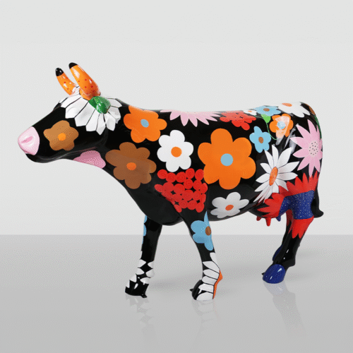 Grande Sculpture – Vache Peinte à la Main avec des Fleurs