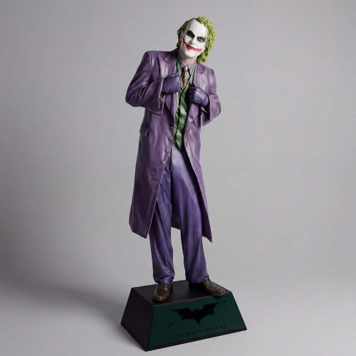 figure Joker en fibre de verre, sculpture réaliste violet et vert, costume long violet, maquillage blanc et rouge, pour déco ou publicité