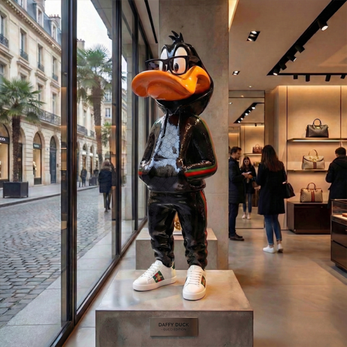 figure Daffy Duck en fibre de verre, style cartoon réaliste noir et orange, tenue streetwear Gucci, déco vitrine ou événement
