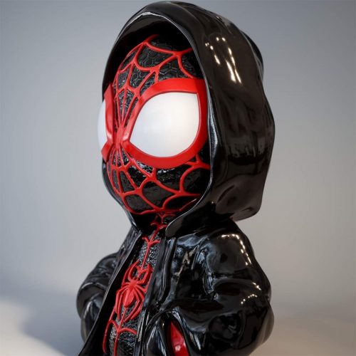 figure Spider-Man enfant en fibre de verre, style cartoon réaliste noir et rouge, décoration intérieure, boutique ou événement