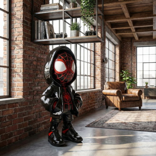 figure Spider-Man enfant en fibre de verre, style cartoon réaliste noir et rouge, décoration intérieure, boutique ou événement