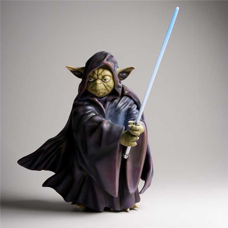 sculpture Yoda en fibre de verre, style réaliste, robe sombre violette et sabre laser bleu, décoration ou publicité