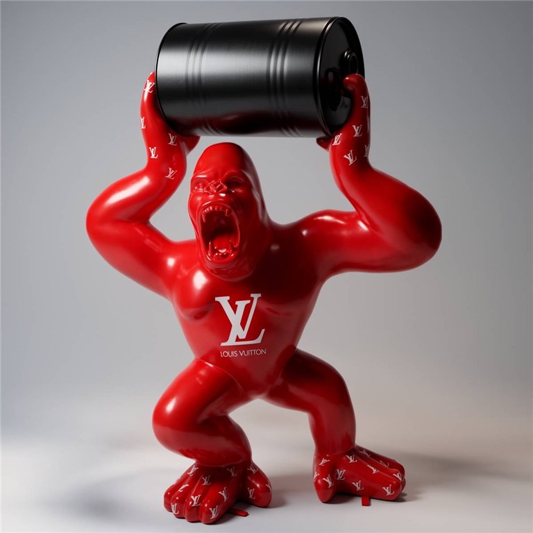 Grande figurine de gorille avec un tonneau arborant le logo LV