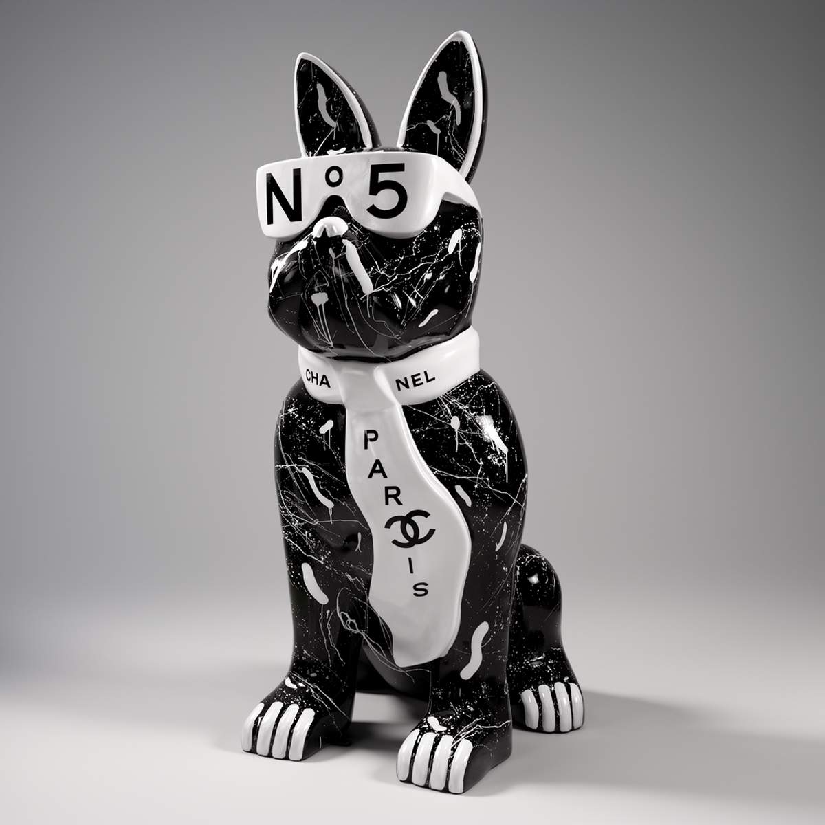 Grand figurine de bouledogue avec cravate et lunettes - No.5 Noir