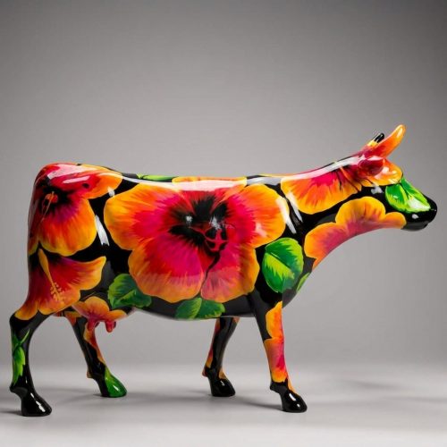 Artystycznie Malowana Figura Krowy - Hibiskus