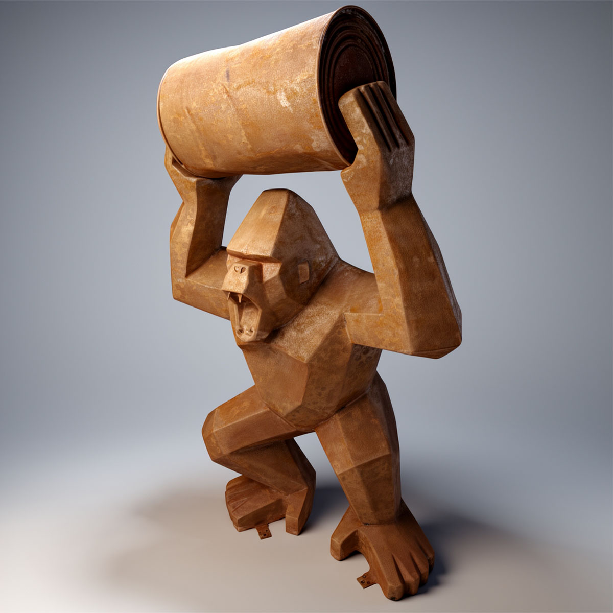 Figure Gorille Low Poly avec Tonneau Effet Rouille – Image 3